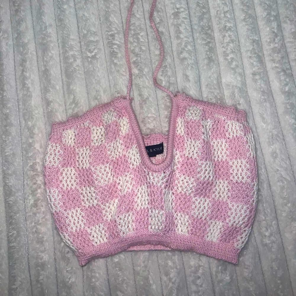 White and pink knit/crochet halter crop top